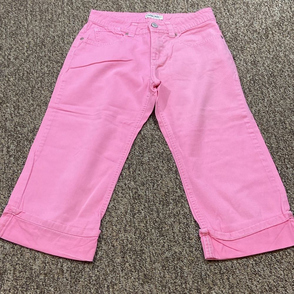 Cherokee 💯 Cotton Cropped Bright Pink Denim Pants Size L (10-12)